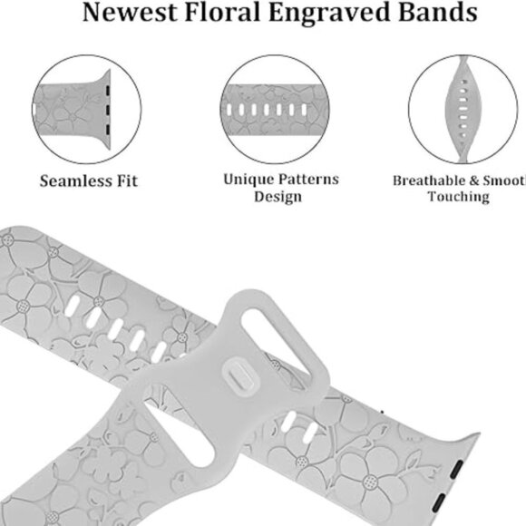 Floral White Engraved Silicone Band for Apple Watch Band 38mm 40mm 41mm -  NEW - Picture 3 of 7